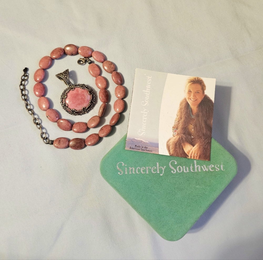 Carolyn Pollack Southwest Sterling Silver Pink Rhodonite Beaded Necklace Pendant - Picture 2 of 8